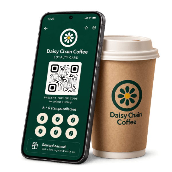 A completed Daisy Chain Coffee loyalty card beside a redeemed coffee reward