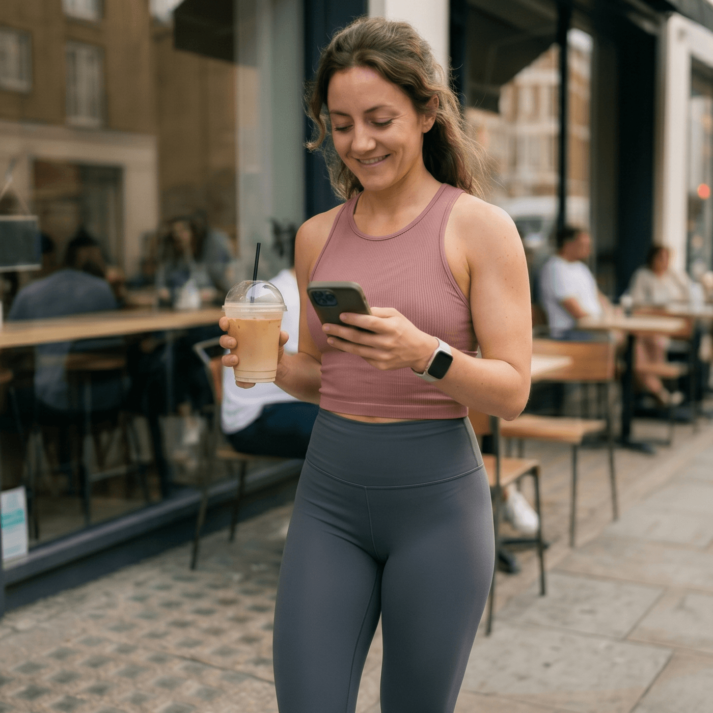 A customer walking with an iced latte while looking at her phone
