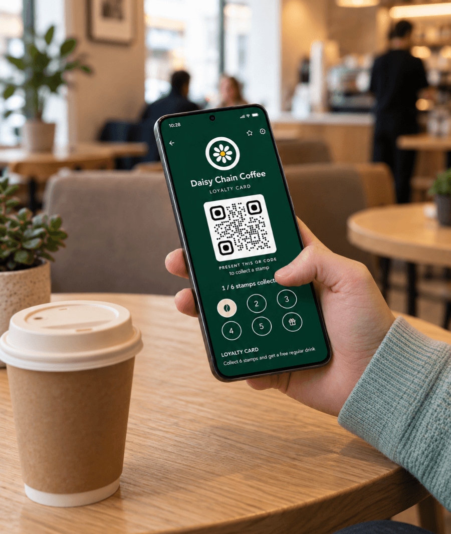 A customer holding a digital Loytu loyalty card on their phone in a coffee shop