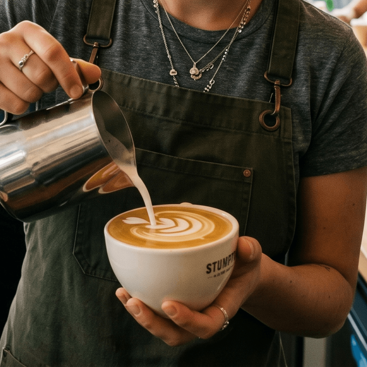 Happy barista serving coffee customers at the till