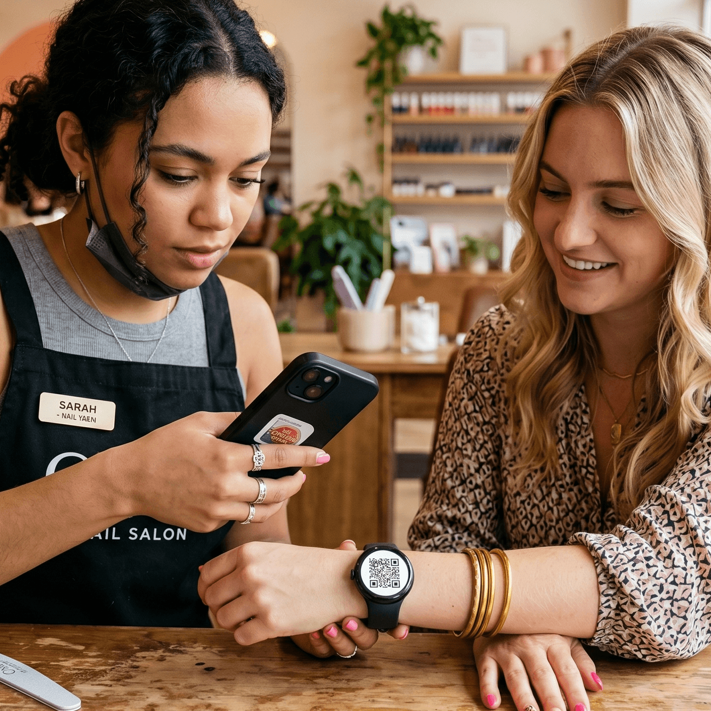 A nail technician helping a client collect a Loytu reward in a salon